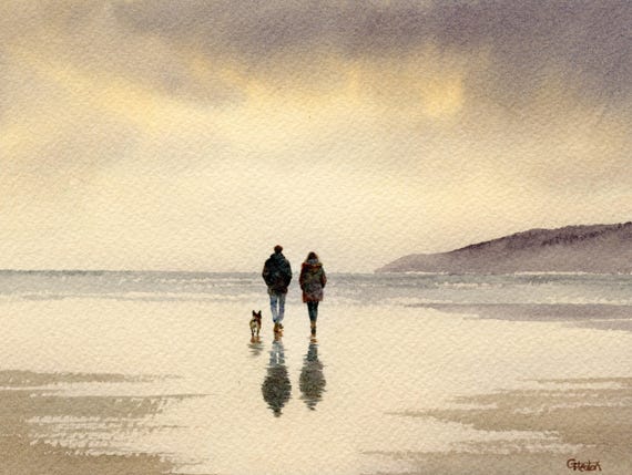 Original watercolour painting couple and French Bulldog on beach, bevel mounted hand painted unique art to fit 12 x 10 inch frame, Frenchie