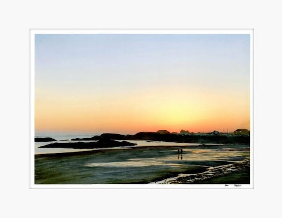 Large Hand finished Limited edition, mounted to fit a 20" x 16" frame, Trearddur Bay, Anglesey, Wales, couple and dog, watercolour paper art