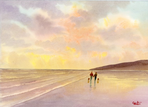 Original watercolour painting, 'Morning Showers', couple and dogs on beach, A4 size watercolor, original art, unique romantic gift, dog