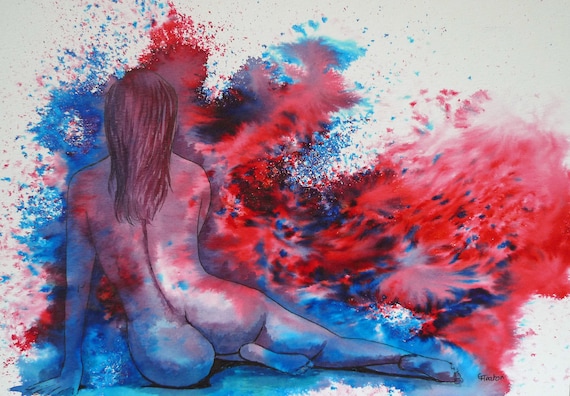 Original watercolour abstract female nude painting, 'Ellie' colourful modern art, red and blue colours
