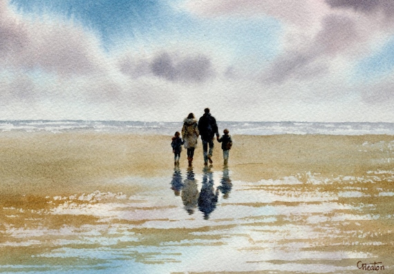 Original watercolour painting family on beach, bevel mounted hand painted unique art to fit 12 x 10 inch frame, couple and children, gift