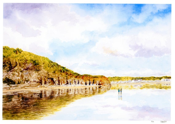 New for 2021 'Pendine Reflections', hand finished very limited edition print on watercolour paper, hand painted couple on beach, unique