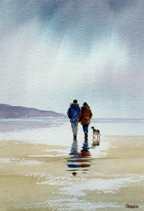 Original watercolour painting, couple and Whippet dog on beach, bevel mounted hand painted unique art to fit 12 x 10 inch frame