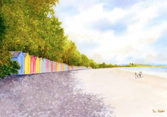 Llanbedrog Beach Huts, Hand finished and personalised very limited edition print on watercolour paper, couple and children on beach in Wales