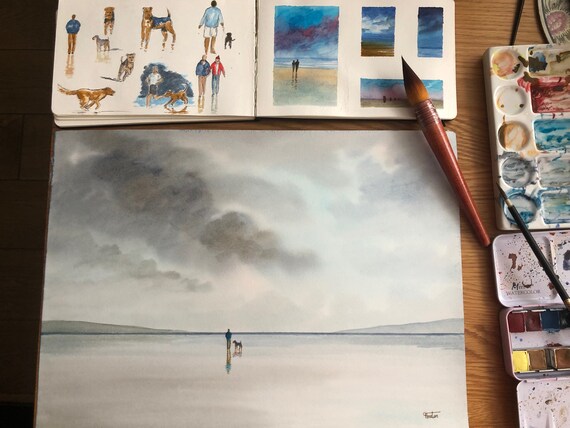 Original watercolour painting, man and Airedale dog on beach, A3 size watercolor, original stormy beach art gift from the artist, England UK