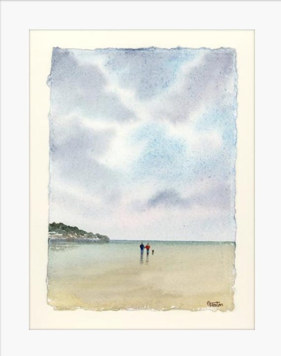 Original watercolour painting on handmade deckle edged paper, couple & dog on Benllech beach, mounted to fit 12 x 10 inch frame by G. Heaton