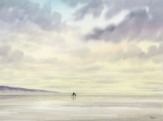 Original watercolour painting Mother and Children walking on beach, painted on Arches 100% cotton 31cm x 23cm paper, Mother's day gift Mum