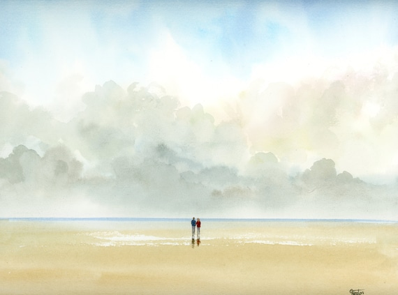 Original romantic watercolour painting, Couple on beach, 100 % cotton paper 30 x 24 cm (11.8" x 9.4") watercolor, art gift, valentine