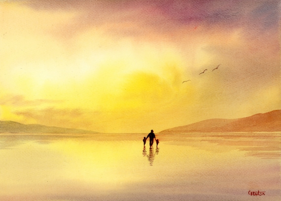 Original watercolour painting, 'Golden Memories' figure and children on sunset beach, 210 x 297 mm (11.7" x 8.3") A4 Father's Day gift