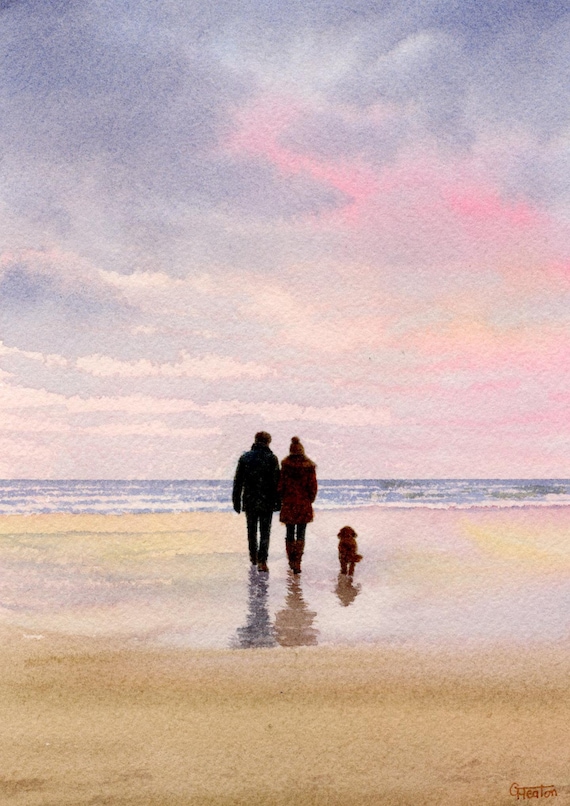 Original watercolour painting couple and Cockapoo dog on beach, bevel mounted unique art to fit 12 x 10 inch frame, ideal Christmas gift
