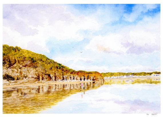 New for 2021 'Pendine Reflections', hand finished very limited edition print on watercolour paper, hand painted girl and dog on beach