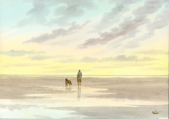 Original watercolour painting, 'Time To Unwind' man and dog on sunset beach A4 size watercolor, original art gift from the artist England UK