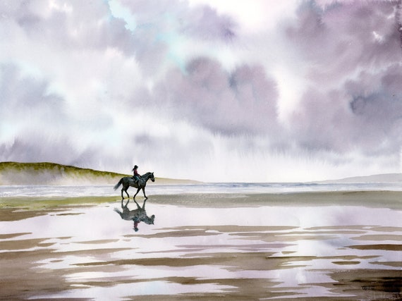 Original watercolour horse painting 'On reflection' 2023, horse rider on beach large unique watercolor equine art direct from UK artist