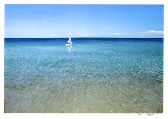 Very Limited edition prints 'Sail Away', A4,  A3 or  large A2 sizes on watercolour paper, peaceful sailing boat on blue ocean,  art gift UK