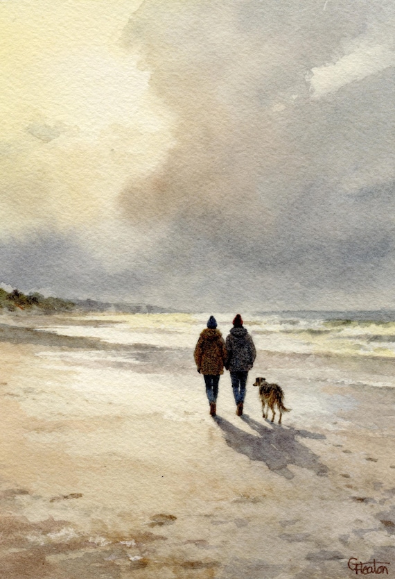 Original watercolour painting, couple and Lurcher dog on beach, bevel mounted hand painted unique art to fit 12 x 10 inch frame, art