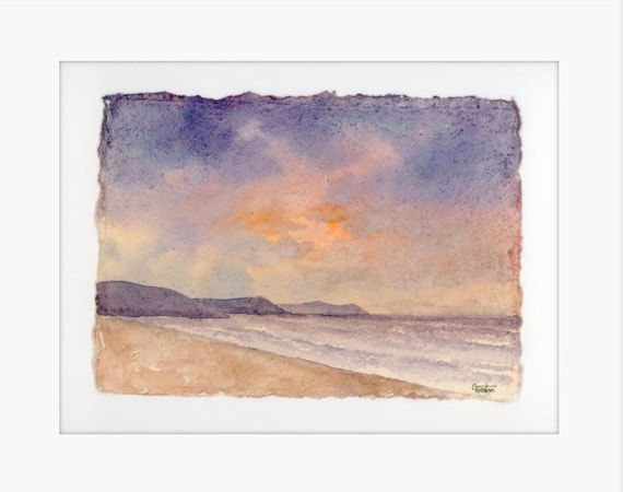Original 12" x 10" mounted deckled edged watercolour Pembrokeshire beach painting on handmade paper. Freshwater East Beach, Art gift from UK