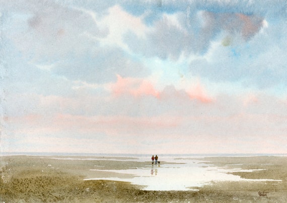 Original watercolour painting on 100% cotton heavy textured watercolor paper, couple and dog on beach, unique art 2021