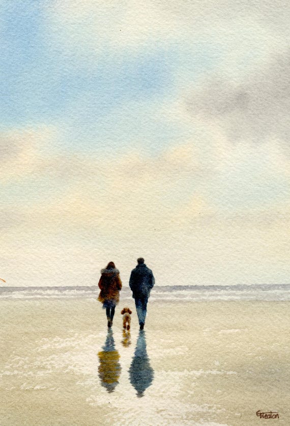 Original watercolour painting couple and dog on beach, bevel mounted hand painted unique art to fit 12 x 10 inch frame, Cockerpoo, Poodle