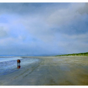 Harlech Beach hand finished in watercolour, very limited edition print, hand painted figures, each one a unique piece of artwork