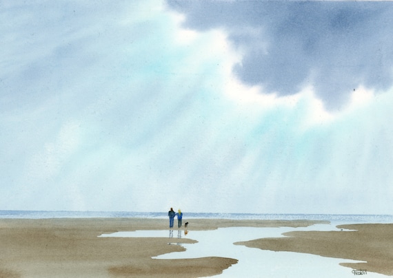 Original small watercolour beach painting, 'Every Cloud...', couple and dog on beach, unique valentine, anniversary or birthday art gift