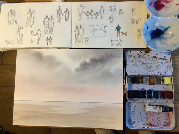 Ready to finish original A4 size watercolour painting, personalised for a bespoke finish, beach, figures to be added, unique art gift