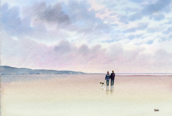 Original watercolour painting, Couple and Beagle dog on stormy beach, A4 size watercolor, romantic art direct from UK artist, unique gift