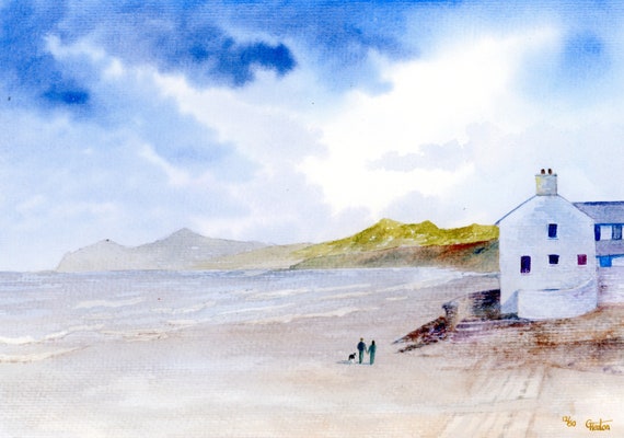Morfa Nefyn Beach, Hand finished and personalised very limited edition print on watercolour paper, couple and Border Collie unique art gift