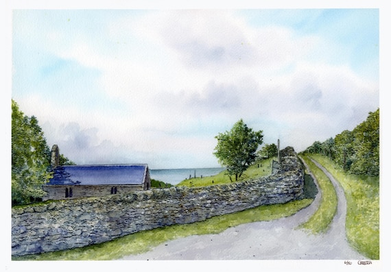 Limited edition print St Beuno's And The Coastal Path  , mounted 14" x 11" or 20" x 16",   watercolour painting, from UK artist, Pistyll