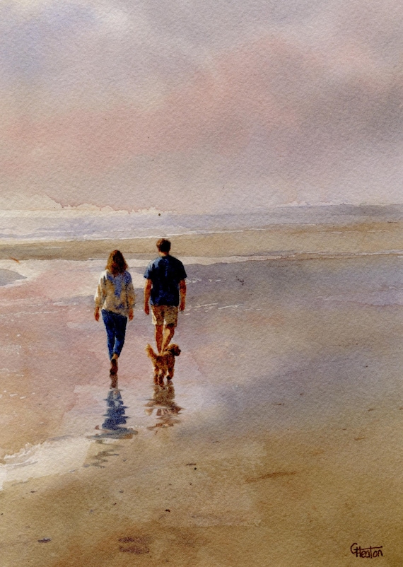 Original watercolour painting, couple and Cockapoo dog on beach, bevel mounted hand painted unique art to fit 12 x 10 inch frame, art