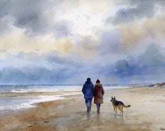 Original watercolour painting, couple and German Shepherd dog on stormy beach, A3 size art on 100% cotton Arches paper by G Heaton
