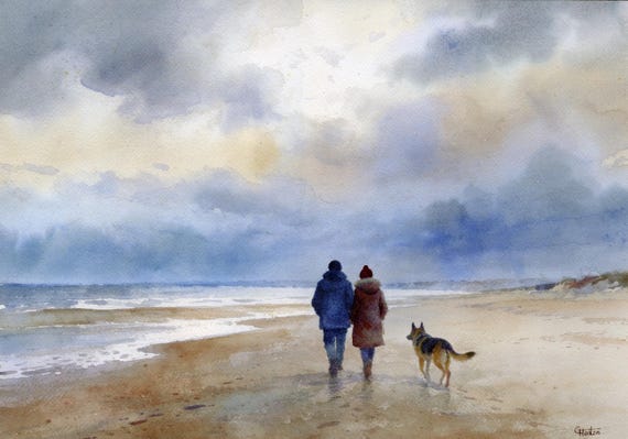 Original watercolour painting, couple and German Shepherd dog on stormy beach, A3 size art on 100% cotton Arches paper by G Heaton