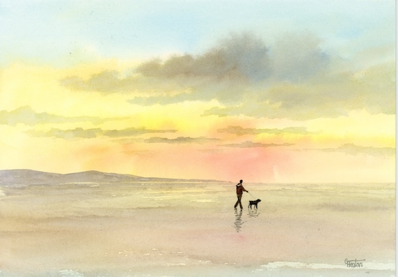 Original small watercolour beach painting, original art, man and dog walking on a sunset beach, unique gift