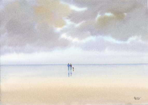 Original watercolour painting, 'A Hint Of Blue' Couple and dog on stormy beach, A4 size watercolor, romantic art direct from UK artist