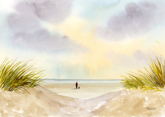 Original small A5 watercolour beach painting, figure and dog on beach, sand dunes Sefton coast, Formby beach near Southport. Art gift UK