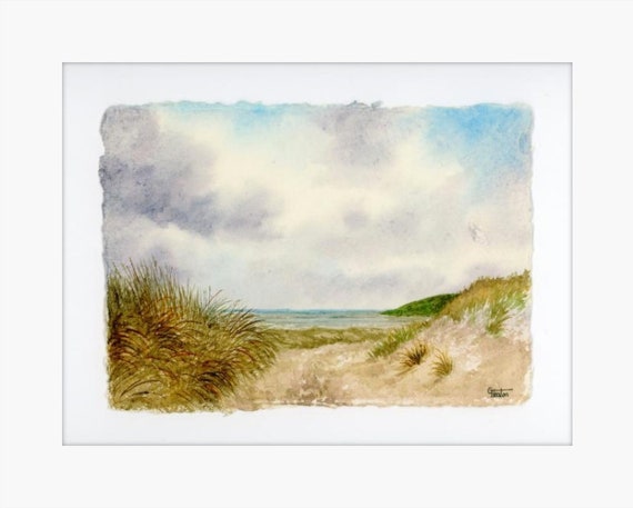 Original 12" x 10" mounted deckled edged watercolour Pembrokeshire beach painting on handmade paper. Freshwater West Beach, Art gift from UK