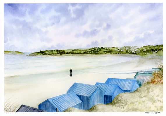 Hand finished 'Beach Huts, Abersoch', very limited edition print on watercolour paper, choice of hand painted figures, personalised art gift