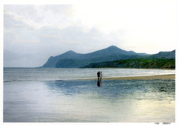 Nefyn Beach,  No 11/50 hand finished mounted limited edition print 14" x 11" mount, couple on Morfa Nefyn beach, Llyn Peninsula, Wales art