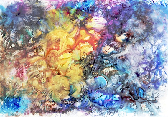 Original A3 abstract watercolour painting, 'In Dreams' painted on Yupo paper, modern art, Blue, Turquoise, purple, direct from artist in UK