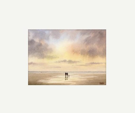 Original watercolour painting, couple & dog on sunset beach, bevel mounted hand painted unique art to fit 12 x 10 inch frame by G. Heaton