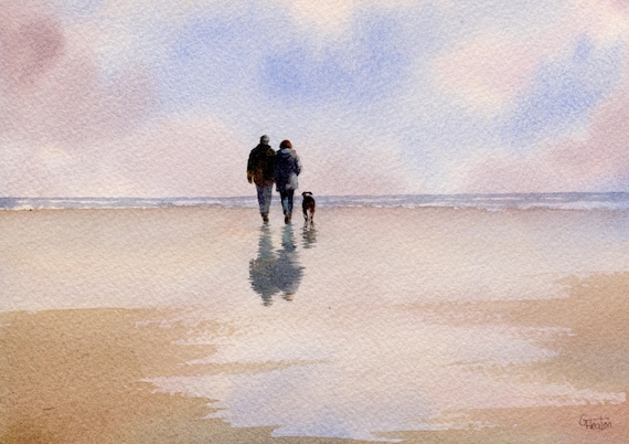 Original watercolour painting couple and Boxer dog on beach, bevel mounted hand painted unique art to fit 12 x 10 inch frame,