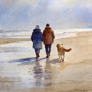 Original watercolour painting 'Golden Days' , couple and Golden Retriever dog on beach, A3 size art on 100% cotton Arches paper by G Heaton image 2