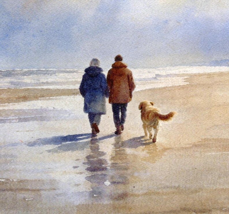 Original watercolour painting 'Golden Days' , couple and Golden Retriever dog on beach, A3 size art on 100% cotton Arches paper by G Heaton image 2