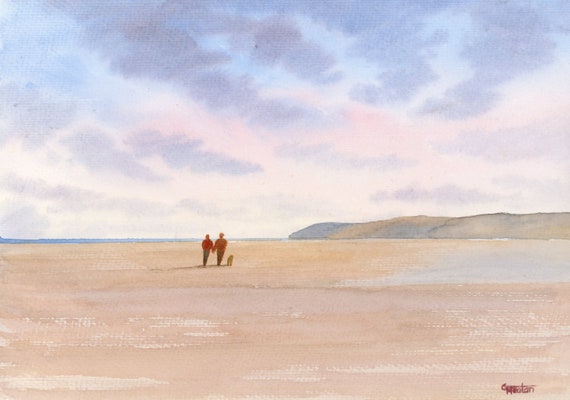 Original watercolour painting, 'Red Wharf Bay' couple and dog on beach, Anglesey, Wales A4 size wall art anniversary or wedding gift ideas