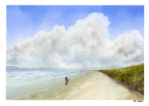 Harlech Beach mounted 14" x 11" hand finished very Limited edition prints, personalised figures and dog on watercolour paper,  unique art