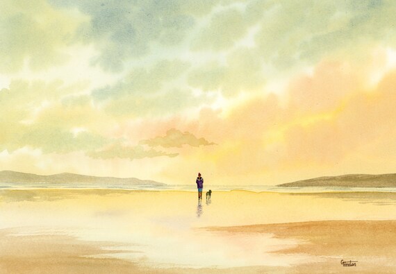 Original watercolour painting, figure and dog on beach, A4 size watercolor art Girl and Schnauzer dog direct from the artist in England, UK