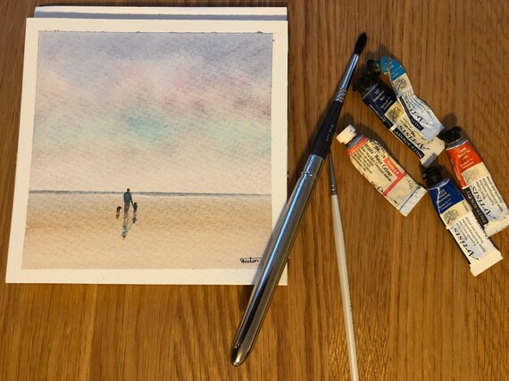 Square small original watercolour beach painting, figure, child and dog on beach, affordable hand painted delicate watercolor gift, dad