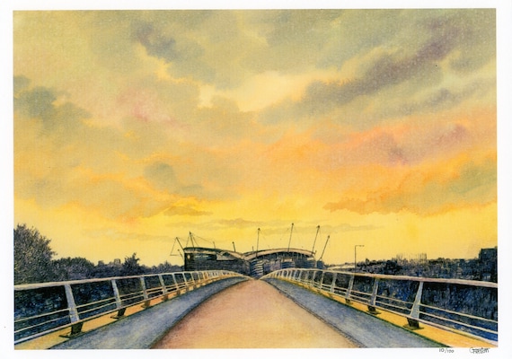 Etihad Stadium, Manchester at Sunset, limited edition print on watercolour paper, gift for City fans direct from the artist