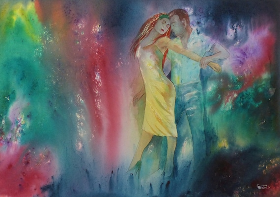 Original Watercolour and Ink 'Lost In Music' A3 Painting, dance art, couple dancing in watercolors, dancers, abstract, modern art, unique