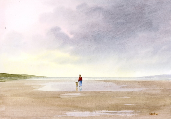 Original watercolour painting, Figure and dog on stormy beach A4 size watercolor, original art gift direct from the artist in England UK