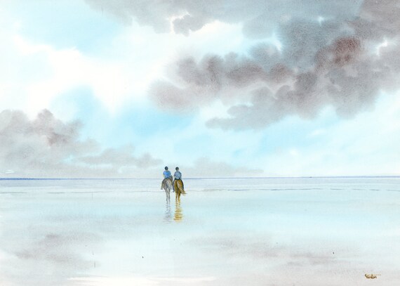 Original A3 watercolour painting ponies on beach, original art gift direct from the artist in England UK. Horse and pony rider watercolors,